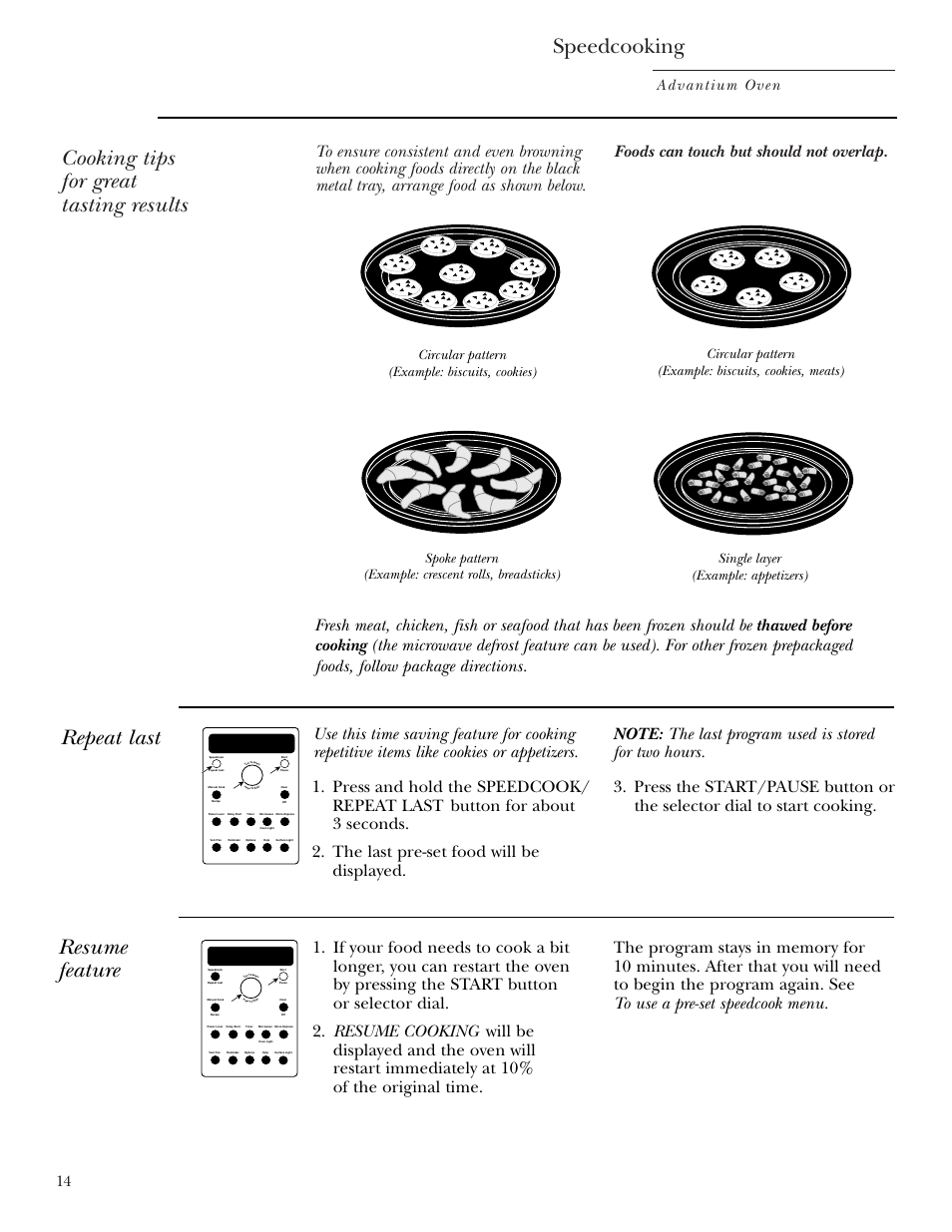 Cooking tips, Repeat last, Resume feature | Speedcooking, Cooking tips for great tasting results, Advantium oven 14 | GE SCA2001 User Manual | Page 14 / 44