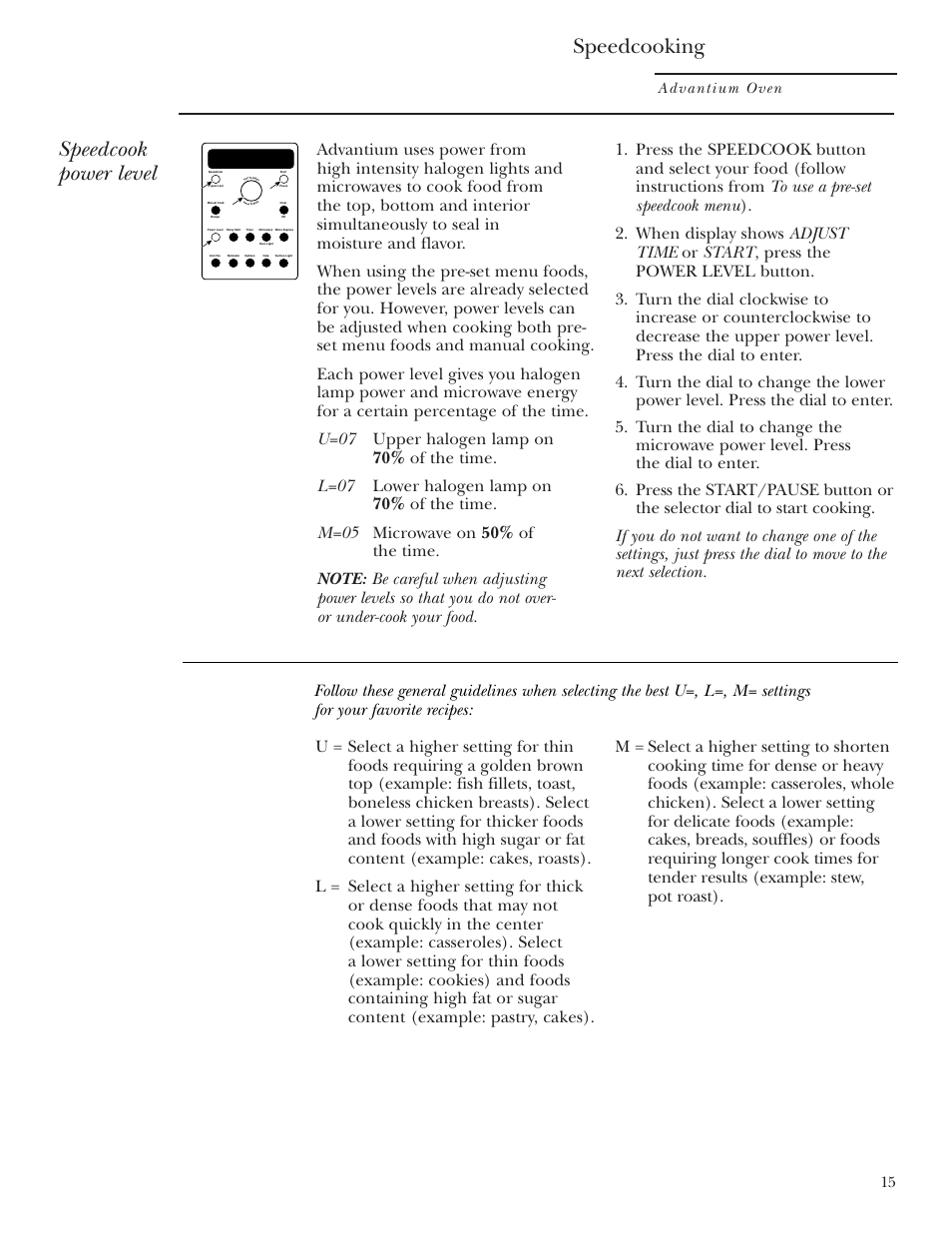 Power level, Speedcooking, Speedcook power level | Advantium oven | GE SCA2001 User Manual | Page 15 / 44