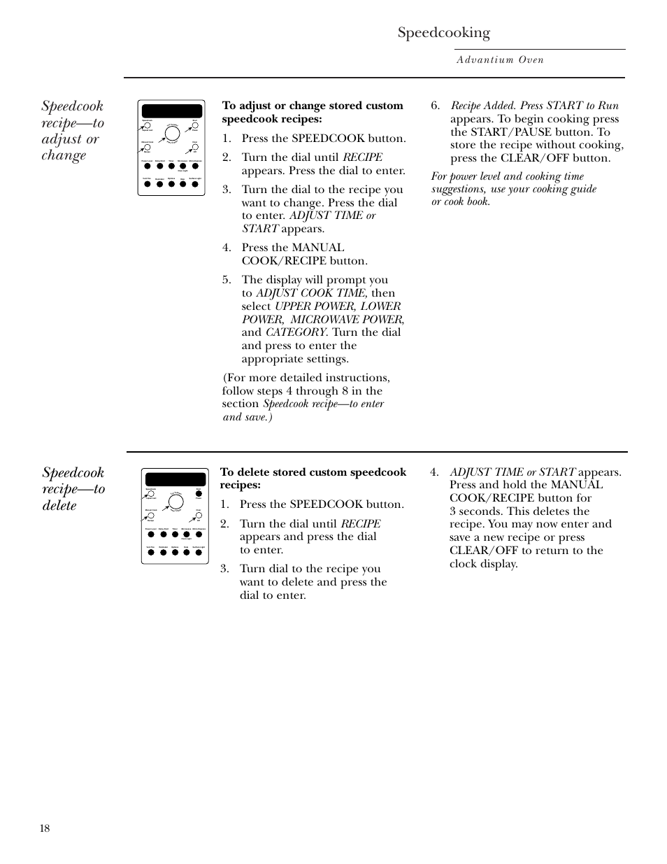 Speedcooking, Speedcook recipe—to adjust or change, Speedcook recipe—to delete | Advantium oven | GE SCA2001 User Manual | Page 18 / 44