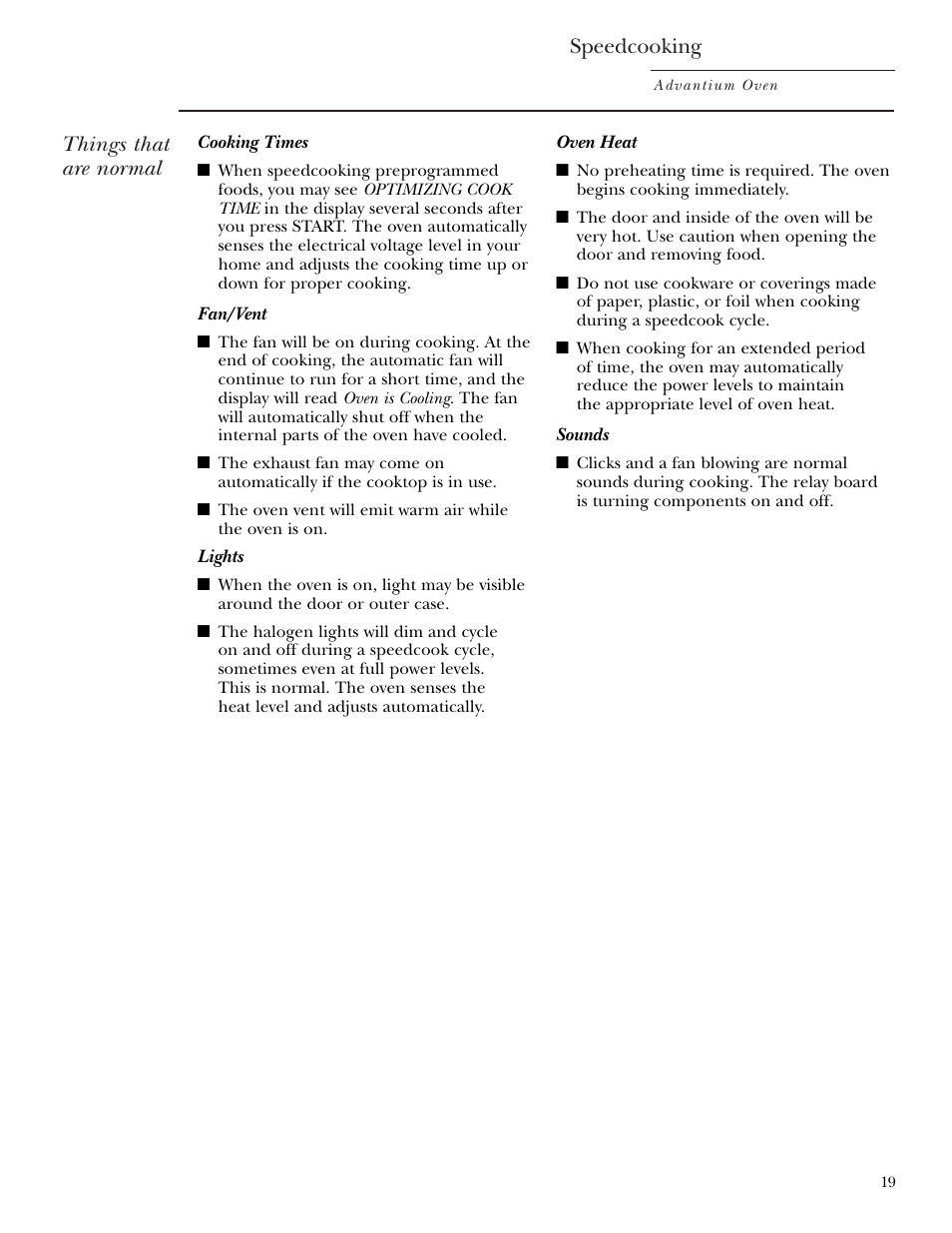 Things that are normal, Speedcooking | GE SCA2001 User Manual | Page 19 / 44