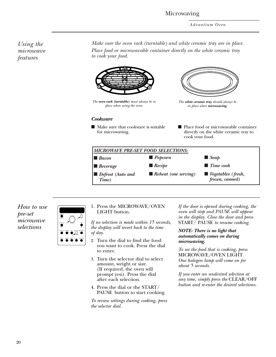 Using pre-set microwave selections, Microwaving, Using the microwave features | How to use pre-set microwave selections, Cookware, Advantium oven | GE SCA2001 User Manual | Page 20 / 44