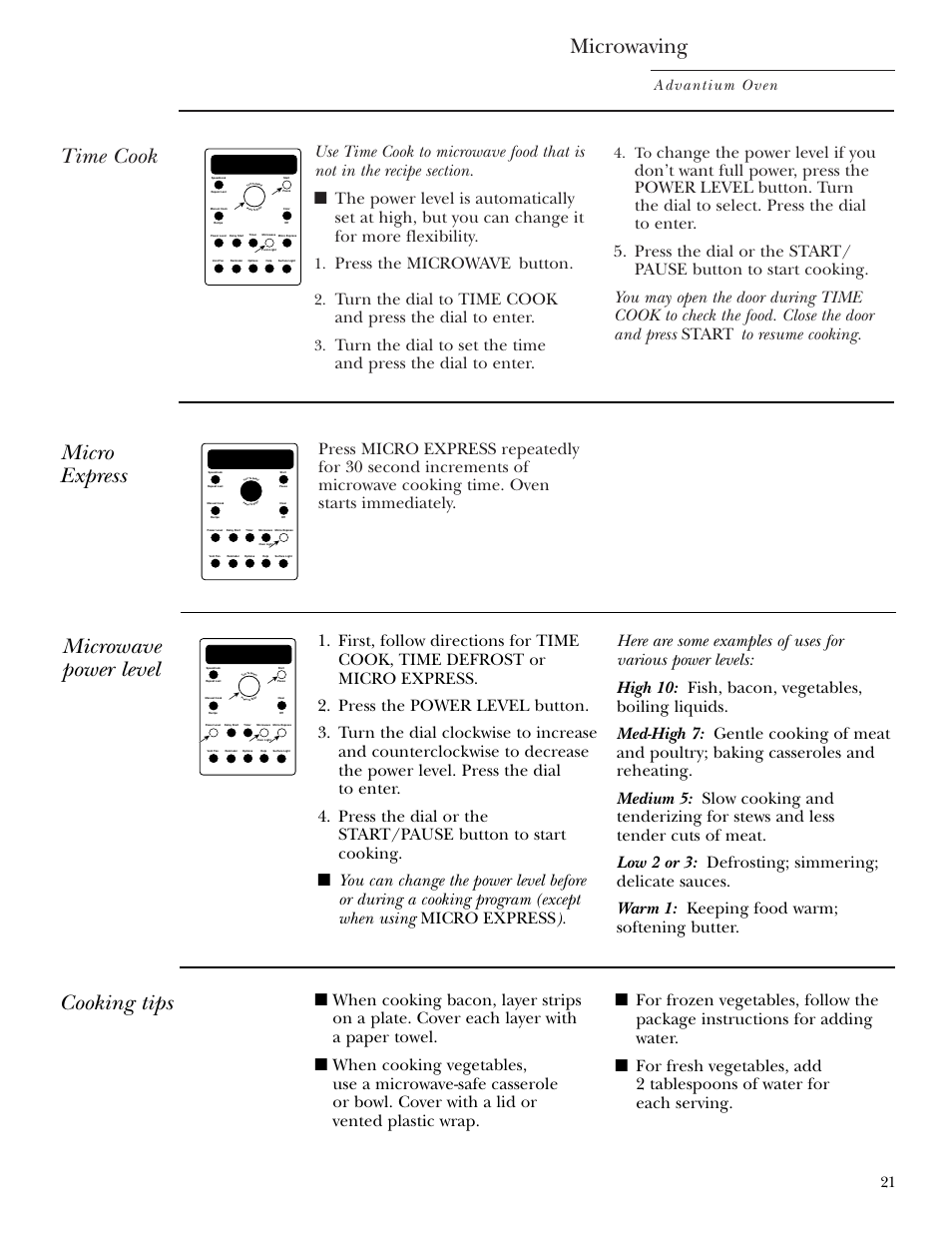 Cooking tips, Micro express, Microwave power levels | Time cook, Micro express microwave power levels, Microwaving, Micro express microwave power level, Press the microwave button, Advantium oven | GE SCA2001 User Manual | Page 21 / 44