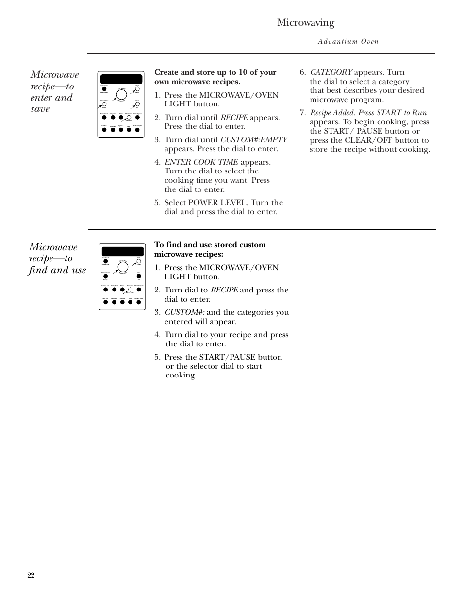 Custom microwave recipes, Microwaving, Microwave recipe—to enter and save | Microwave recipe—to find and use, Advantium oven | GE SCA2001 User Manual | Page 22 / 44