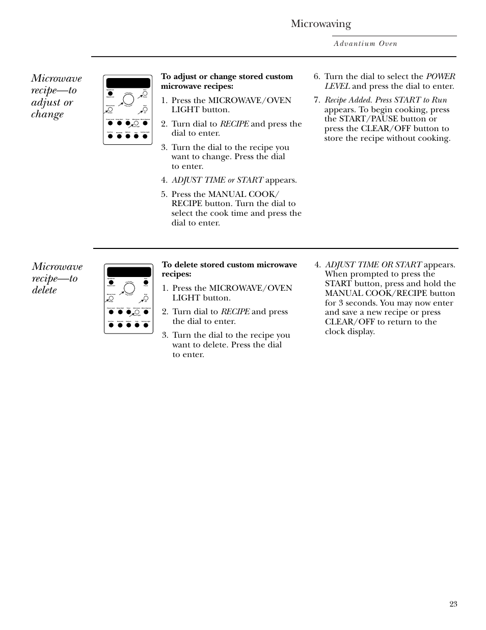 Microwaving, Microwave recipe—to adjust or change, Microwave recipe—to delete | Advantium oven | GE SCA2001 User Manual | Page 23 / 44