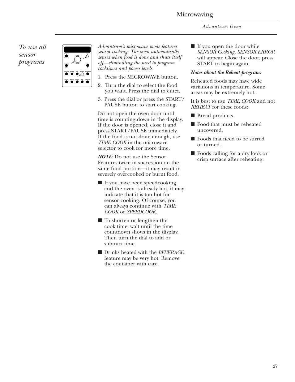 Microwaving, Advantium oven | GE SCA2001 User Manual | Page 27 / 44