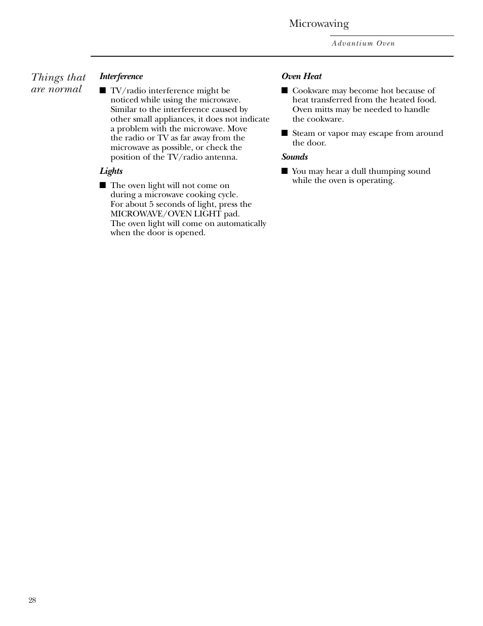 Things that are normal, Microwaving | GE SCA2001 User Manual | Page 28 / 44