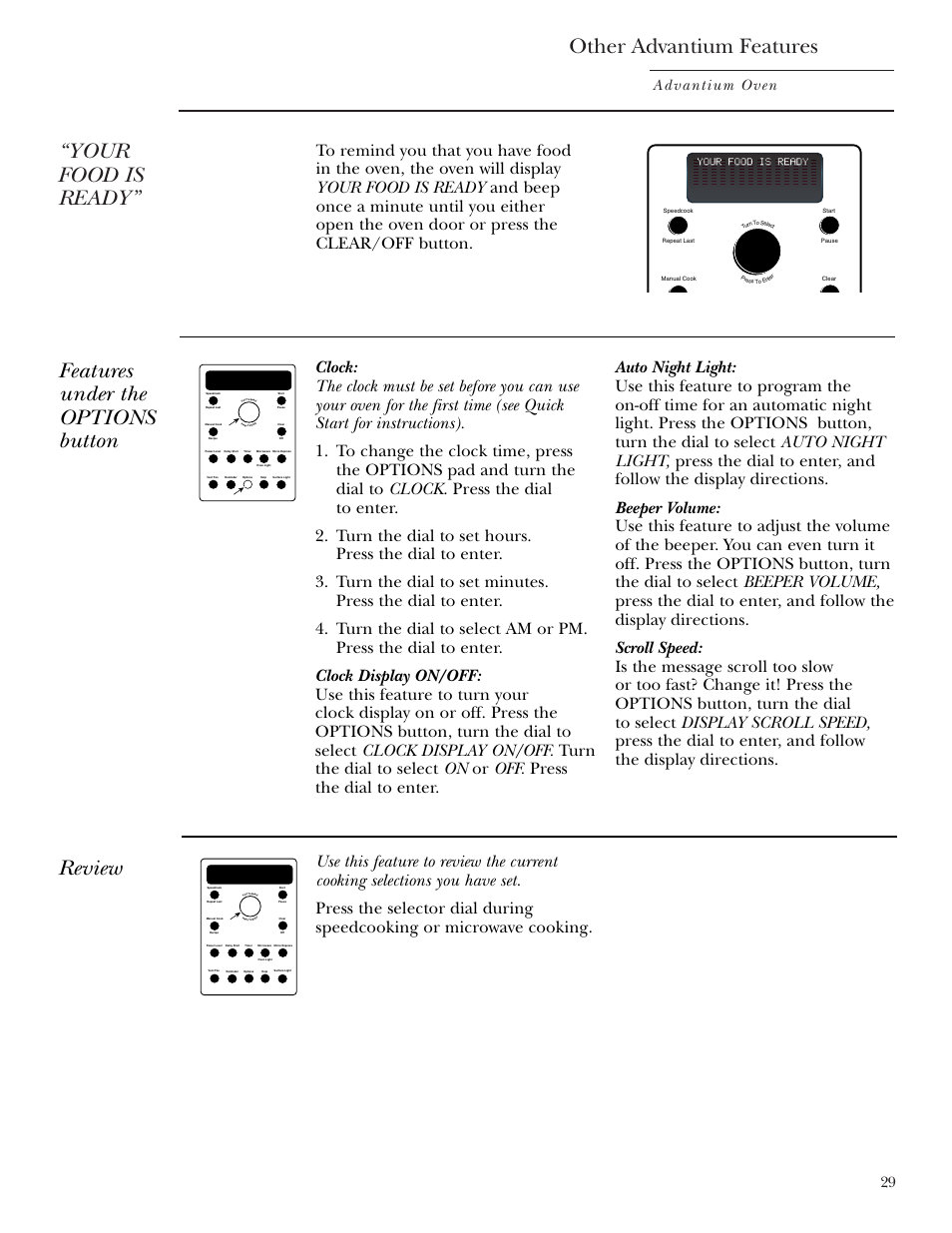 Auto night light, Beeper volume, Display on/off | Review, Scroll speed, Other advantium features, Your food is ready, Features under the options button, Advantium oven | GE SCA2001 User Manual | Page 29 / 44