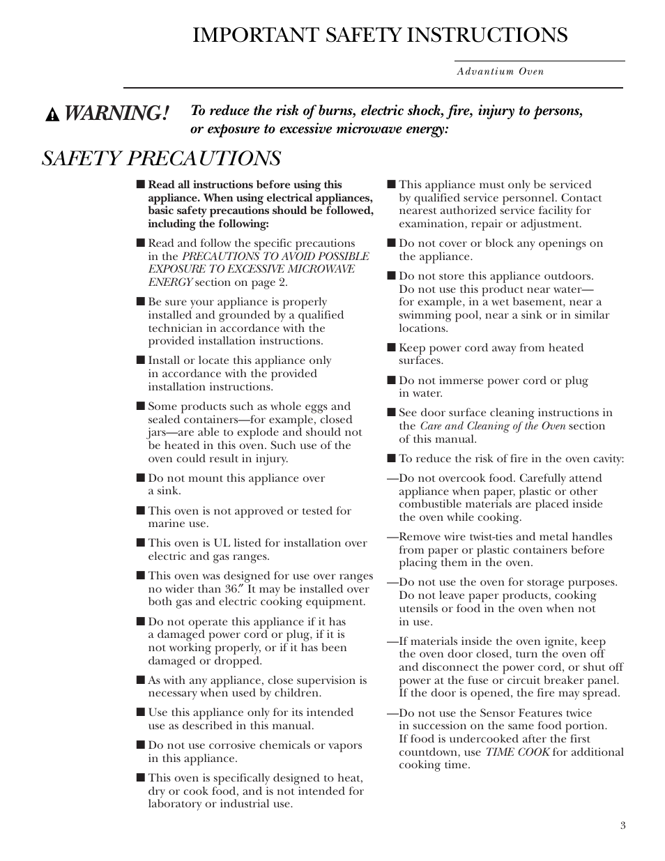 Warning! important safety instructions, Safety precautions | GE SCA2001 User Manual | Page 3 / 44