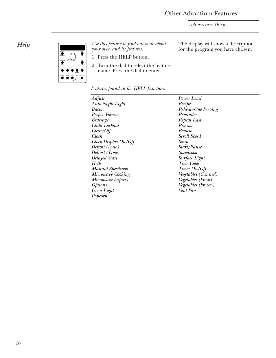 Help, Other advantium features, Advantium oven | GE SCA2001 User Manual | Page 30 / 44