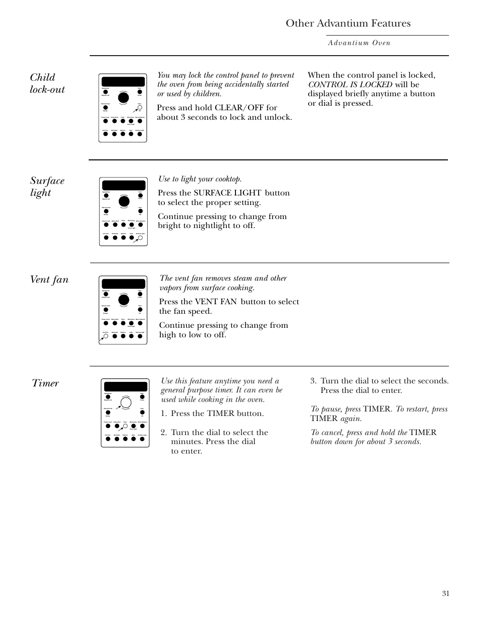 Child lockout, Surface light, Timer | Vent fan, Other advantium features, Child lock-out surface light, Advantium oven | GE SCA2001 User Manual | Page 31 / 44