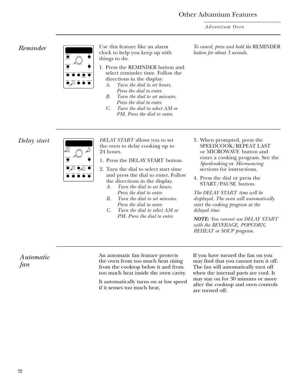 Automatic fan, Delay start, Reminder | Other advantium features, Advantium oven | GE SCA2001 User Manual | Page 32 / 44
