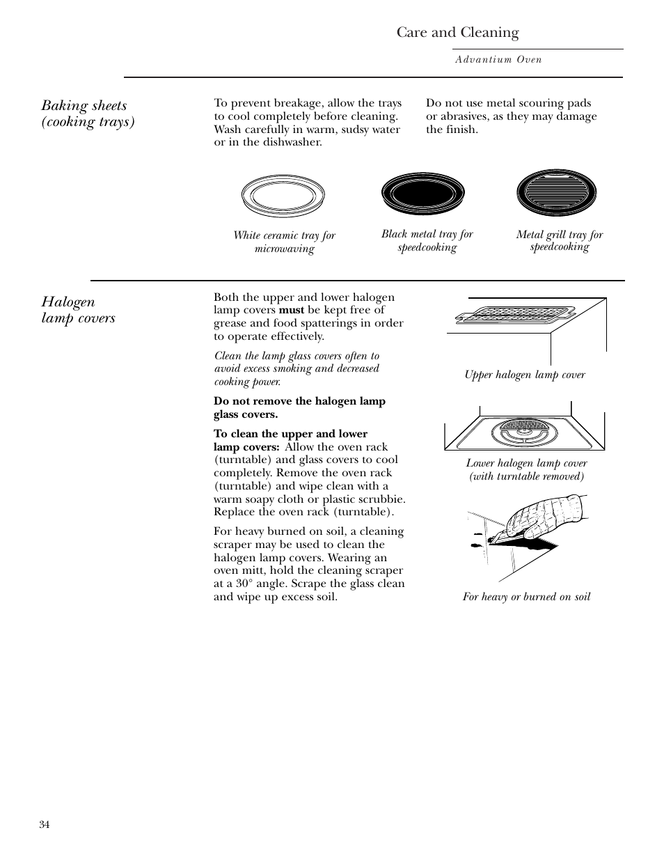Lamp covers, Care and cleaning, Baking sheets (cooking trays) | Halogen lamp covers | GE SCA2001 User Manual | Page 34 / 44