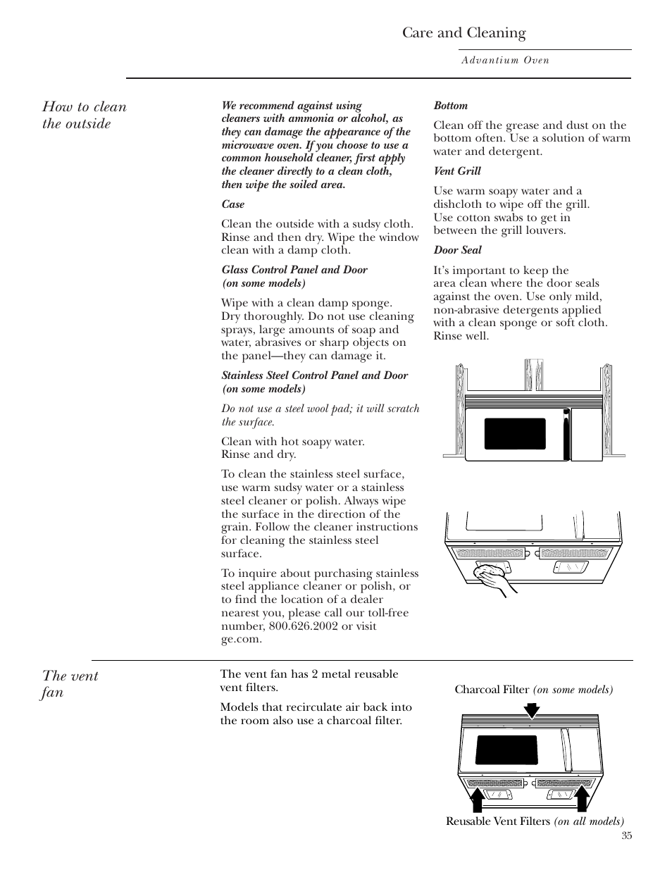 Cleaning the outside, The vent fan care and cleaning, How to clean the outside | GE SCA2001 User Manual | Page 35 / 44