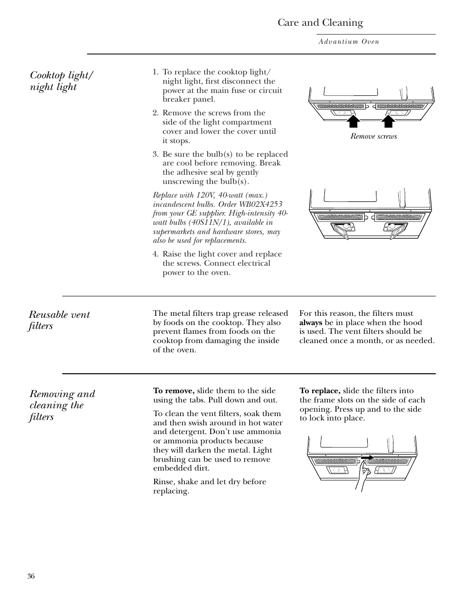 Filters, Replacing lights, Filters , 37 | Care and cleaning, Cooktop light/ night light | GE SCA2001 User Manual | Page 36 / 44