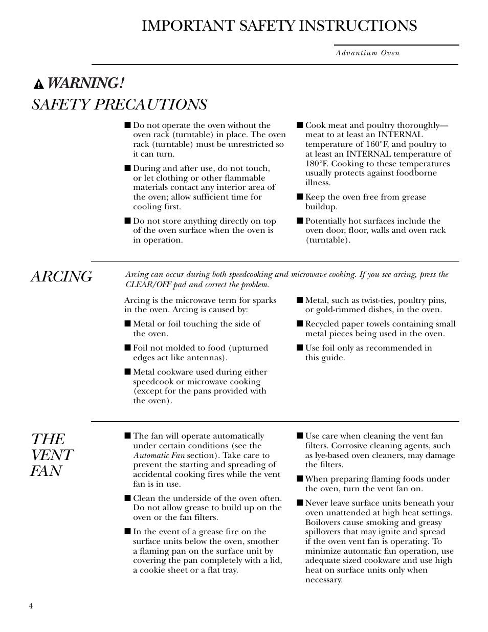 Warning, Important safety instructions, Safety precautions | Arcing, The vent fan | GE SCA2001 User Manual | Page 4 / 44