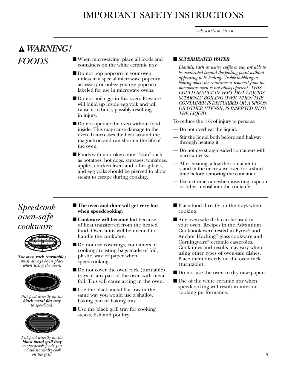 Speedcook-safe cookware, Warning, Foods speedcook oven-safe cookware | Important safety instructions | GE SCA2001 User Manual | Page 5 / 44