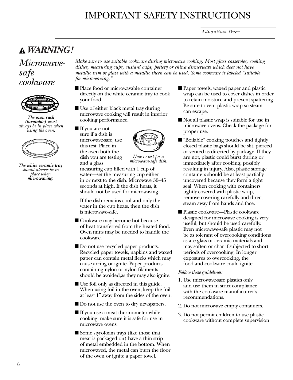 Microwave-safe cookware, Warning, Microwave- safe cookware | Important safety instructions | GE SCA2001 User Manual | Page 6 / 44