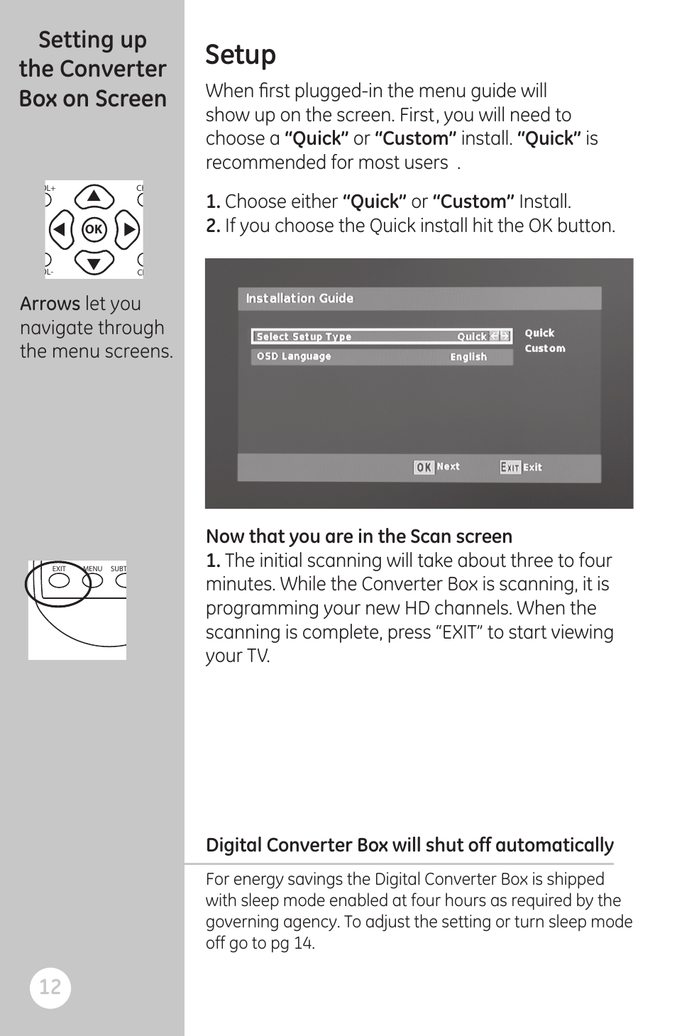 Setup, Setting up the converter box on screen, Arrows let you navigate through the menu screens | Remote | GE 22730 User Manual | Page 12 / 48
