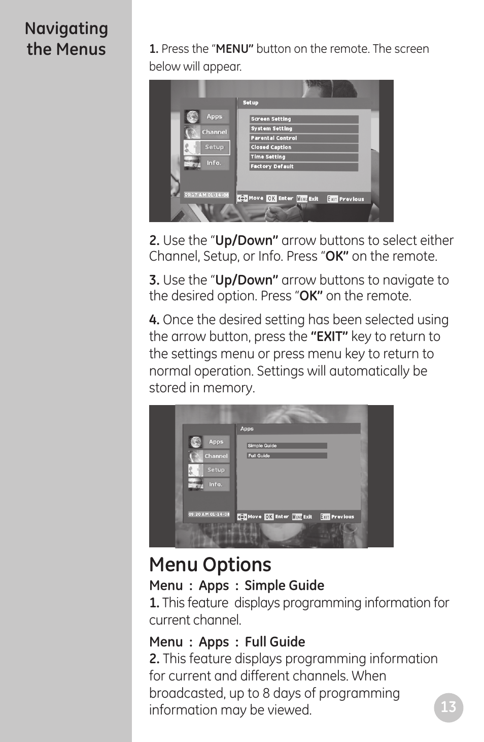 Menu options, Navigating the menus | GE 22730 User Manual | Page 13 / 48