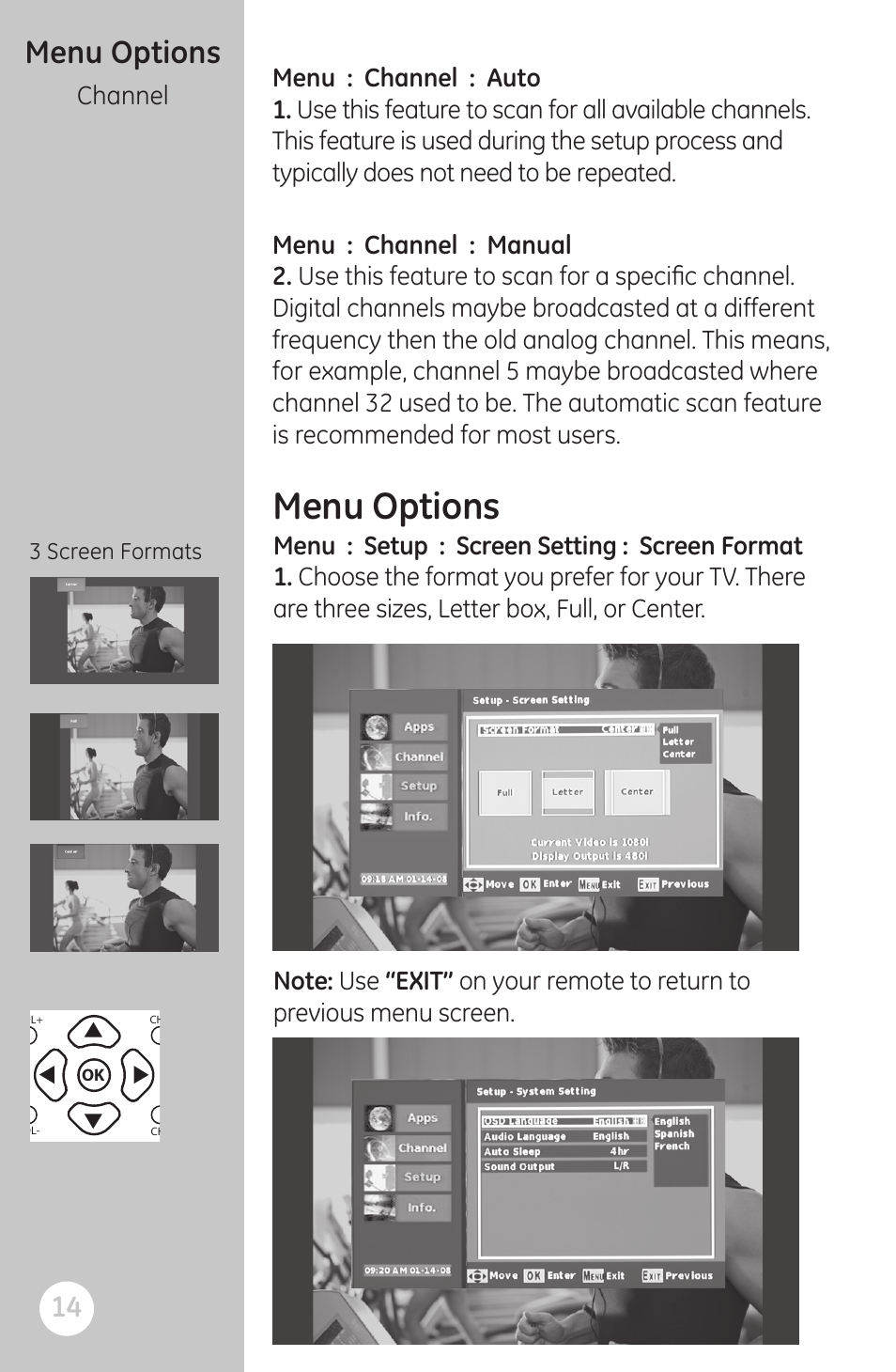 Menu options, Menu : channel : auto, Channel | Menu : setup : screen setting : screen format, 3 screen formats | GE 22730 User Manual | Page 14 / 48