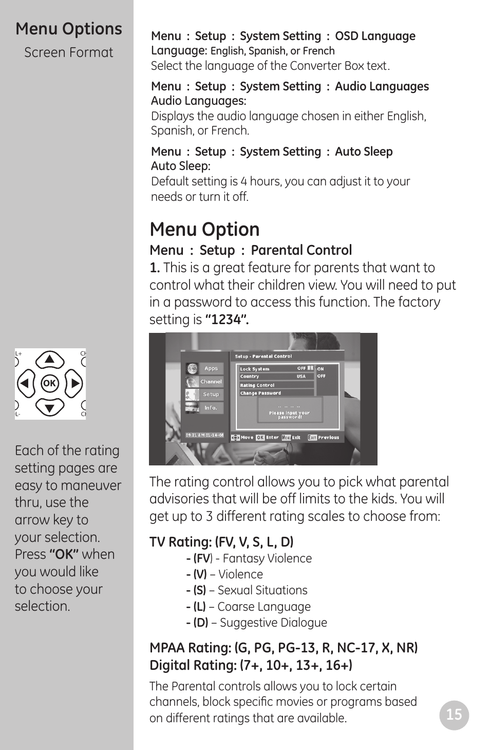 Menu option, Menu options, Screen format | Menu : setup : parental control | GE 22730 User Manual | Page 15 / 48