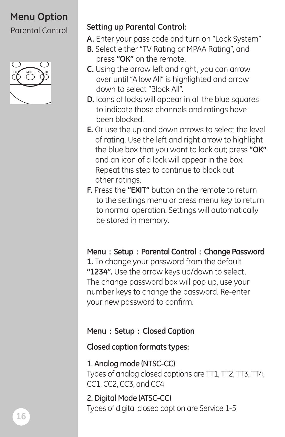 Menu option | GE 22730 User Manual | Page 16 / 48