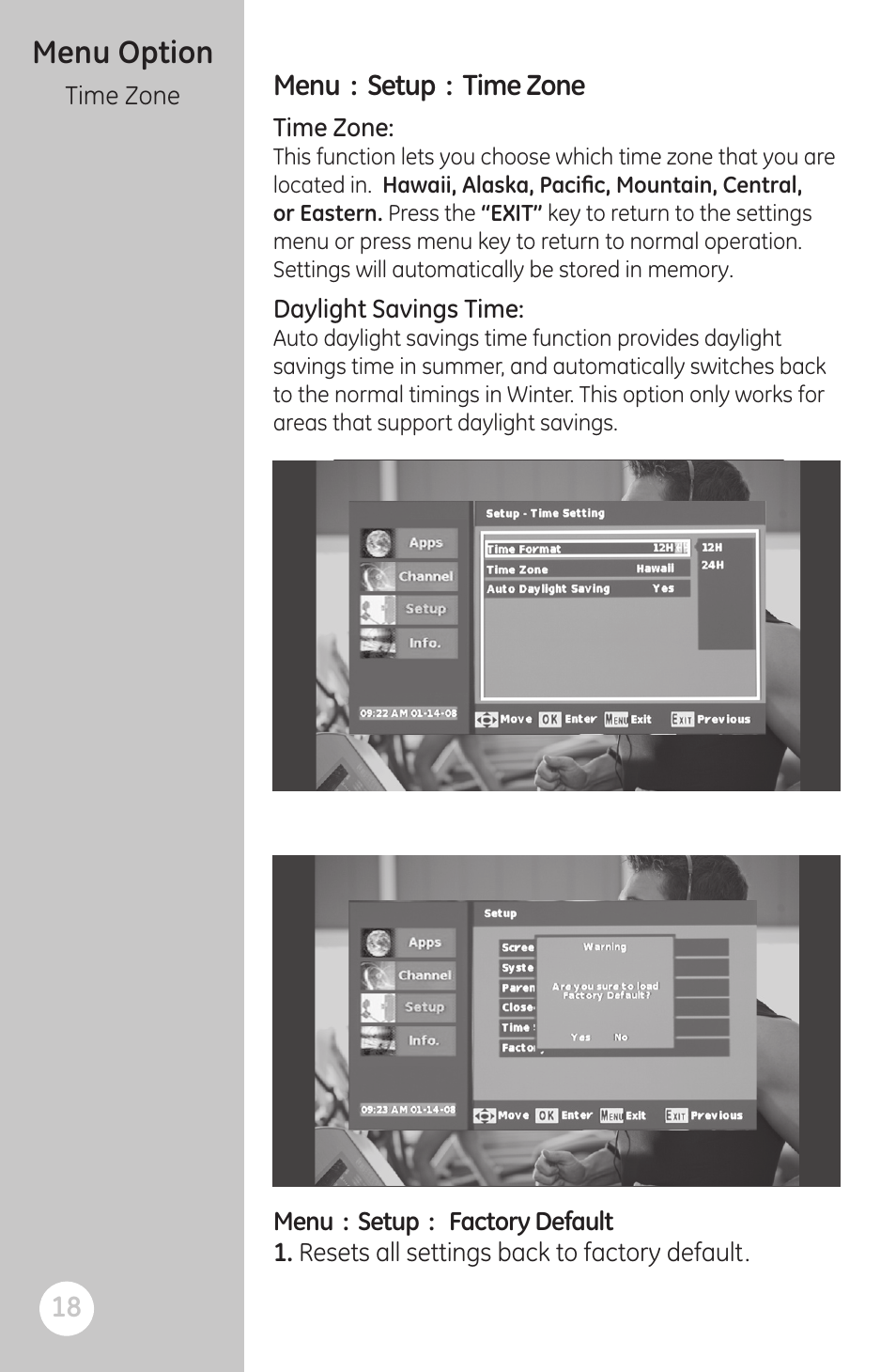 Menu option | GE 22730 User Manual | Page 18 / 48