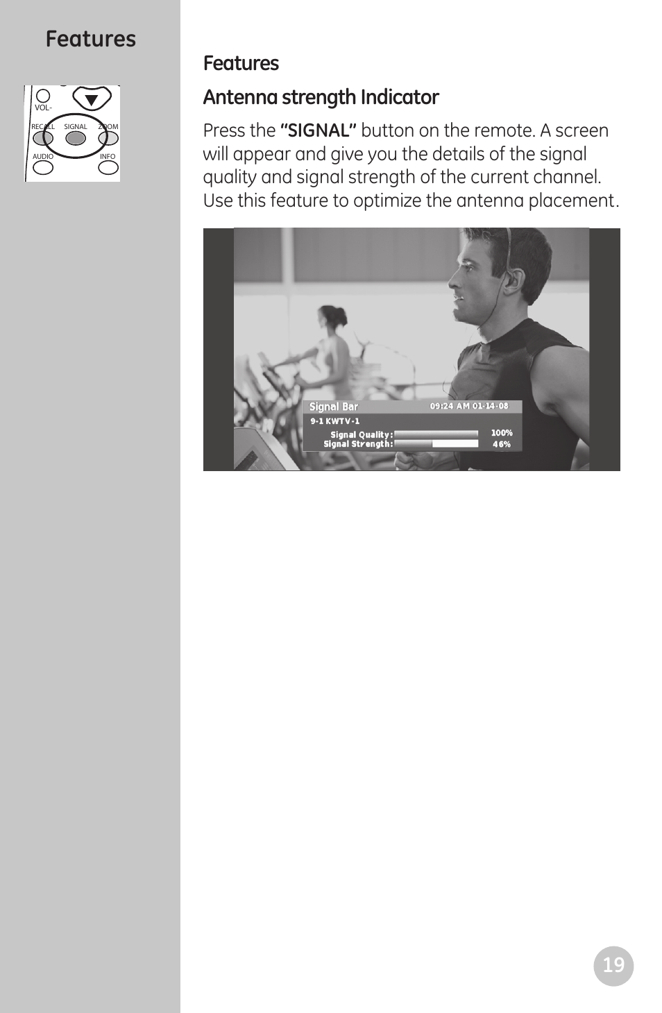 Features, 19 features antenna strength indicator, Remote | GE 22730 User Manual | Page 19 / 48