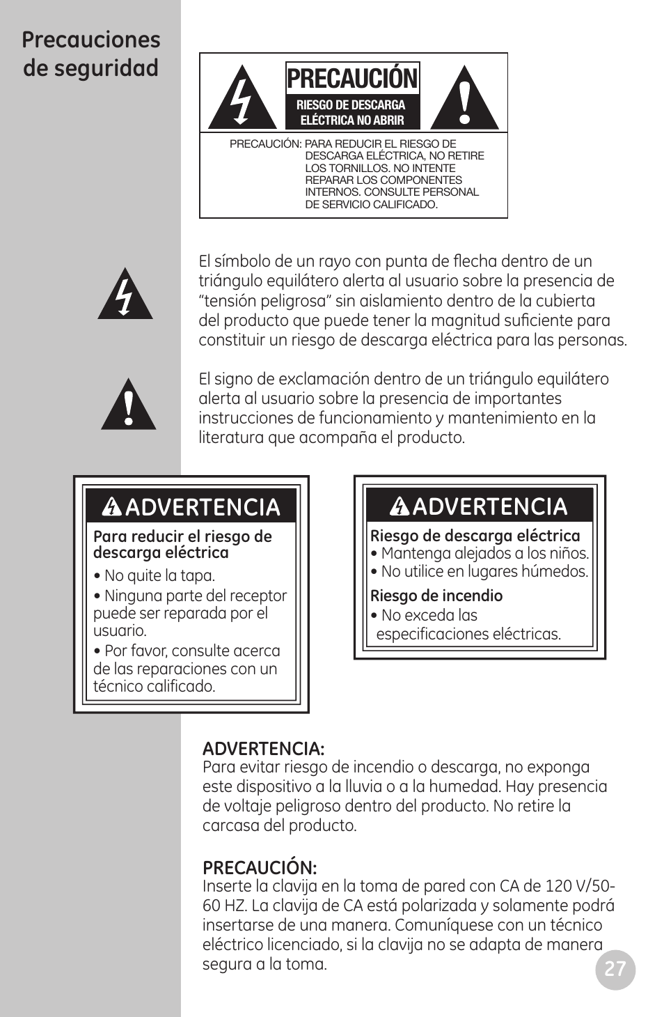 Precaución, Advertencia, Precauciones de seguridad | GE 22730 User Manual | Page 27 / 48