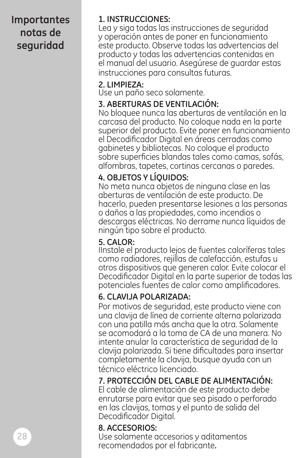 Importantes notas de seguridad | GE 22730 User Manual | Page 28 / 48