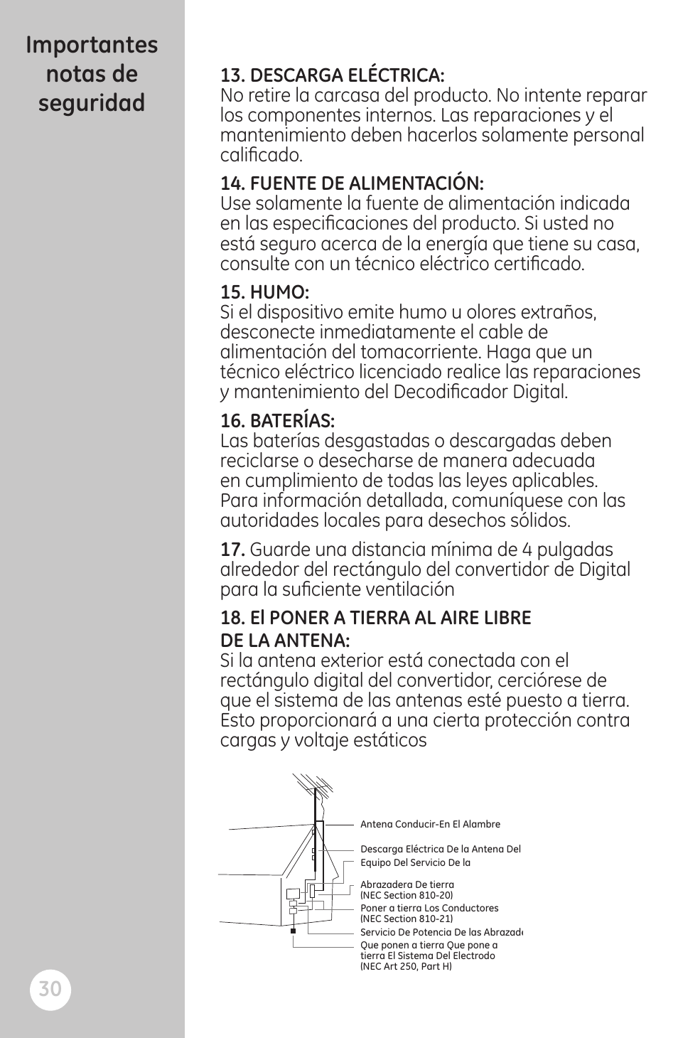 Importantes notas de seguridad | GE 22730 User Manual | Page 30 / 48
