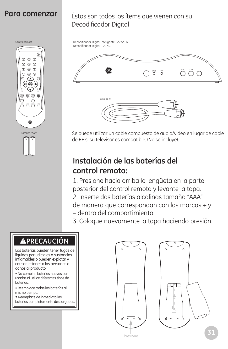 Para comenzar, Instalación de las baterías del control remoto, Precaución | Presione | GE 22730 User Manual | Page 31 / 48