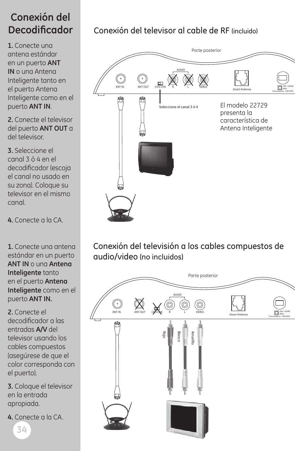 Conexión del decodificador, Conexión del televisor al cable de rf, No incluidos) | Incluido) | GE 22730 User Manual | Page 34 / 48