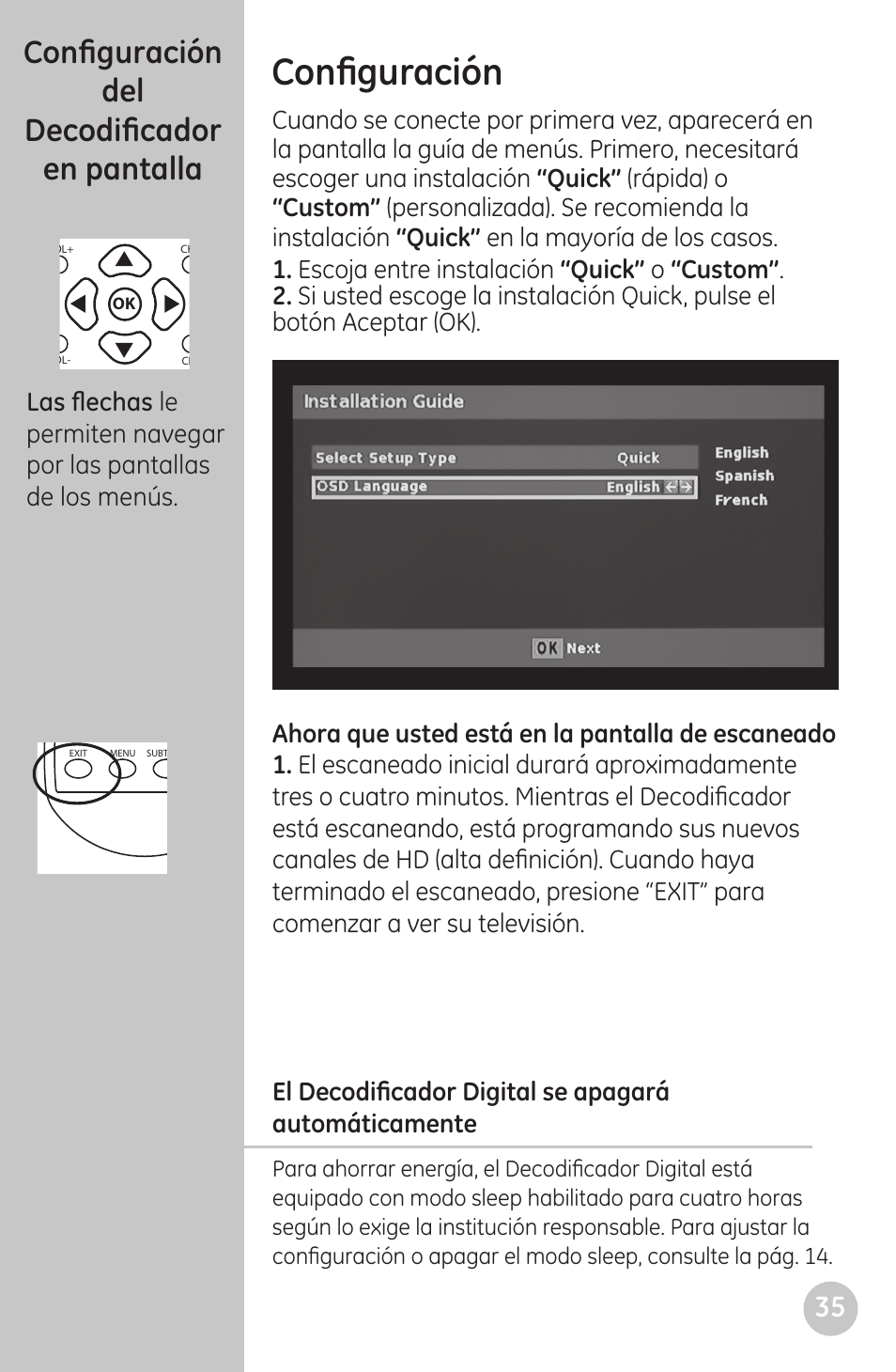 Configuración, Configuración del decodificador en pantalla | GE 22730 User Manual | Page 35 / 48