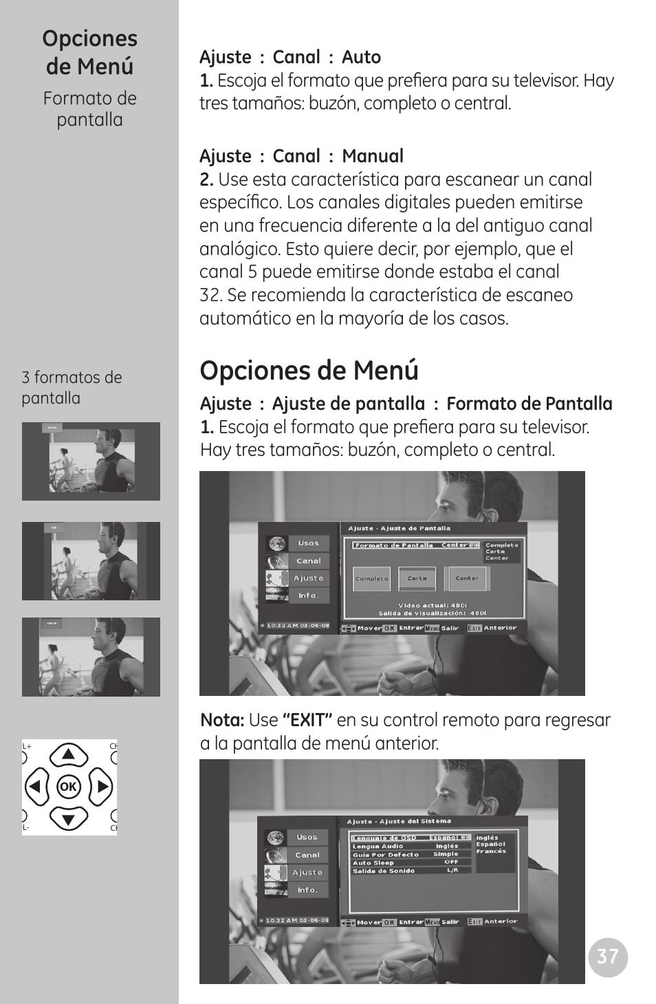 Opciones de menú, Ajuste : canal : auto, Formato de pantalla | Ajuste : ajuste de pantalla : formato de pantalla, 3 formatos de pantalla | GE 22730 User Manual | Page 37 / 48