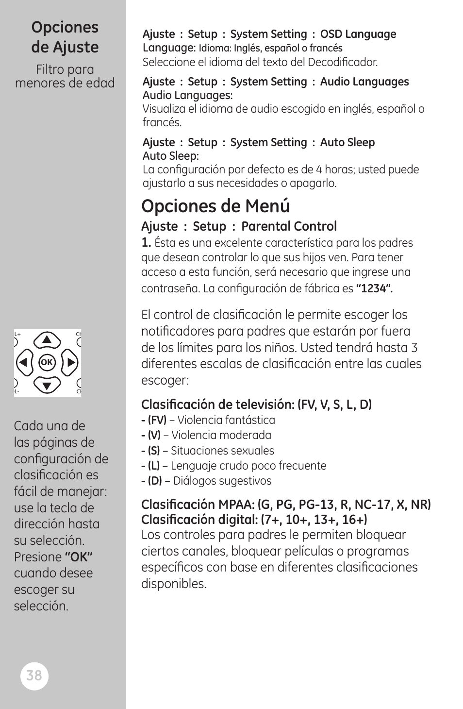 Opciones de menú, Opciones de ajuste, Filtro para menores de edad | Ajuste : setup : parental control | GE 22730 User Manual | Page 38 / 48