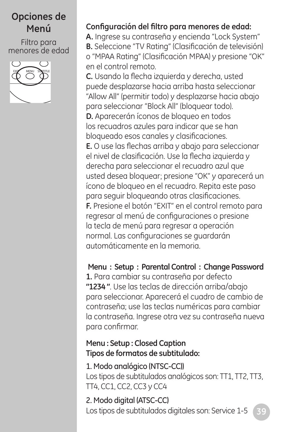 Opciones de menú | GE 22730 User Manual | Page 39 / 48