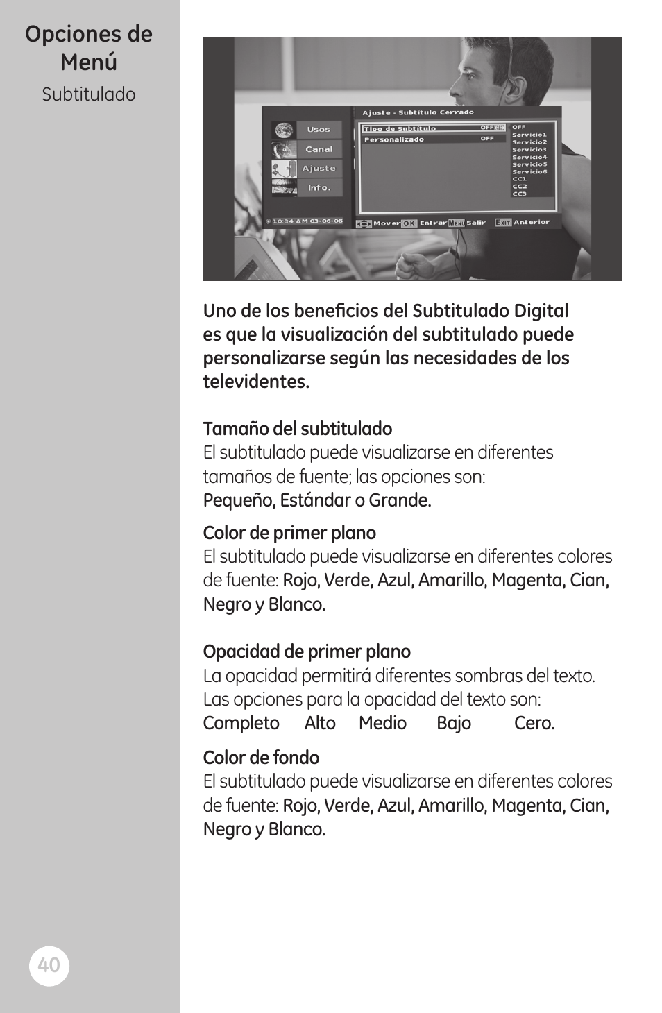 Opciones de menú | GE 22730 User Manual | Page 40 / 48