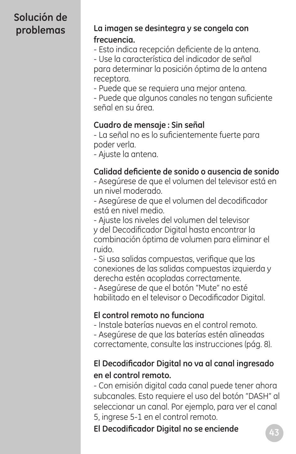 Solución de problemas | GE 22730 User Manual | Page 43 / 48