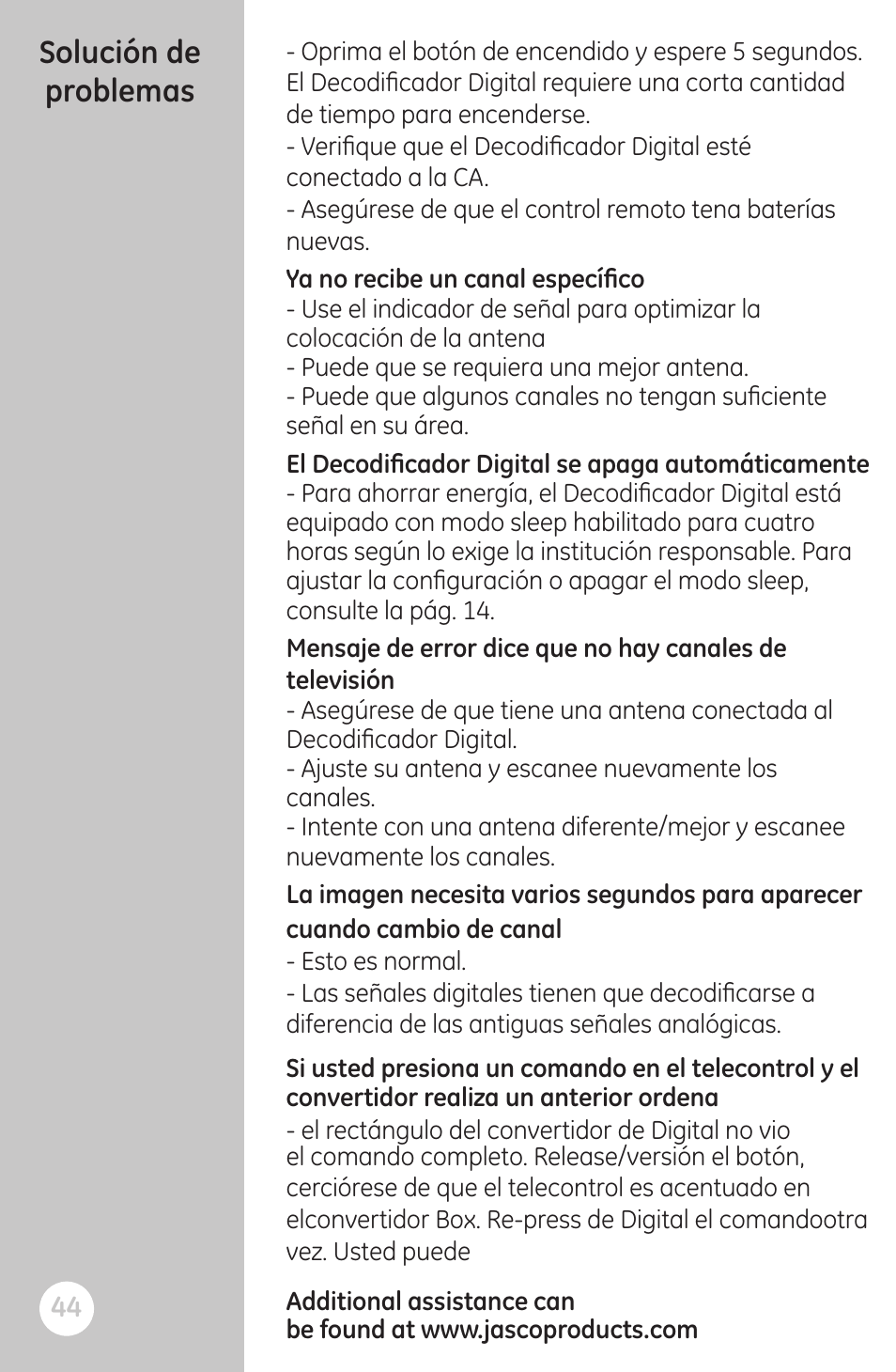 Solución de problemas | GE 22730 User Manual | Page 44 / 48
