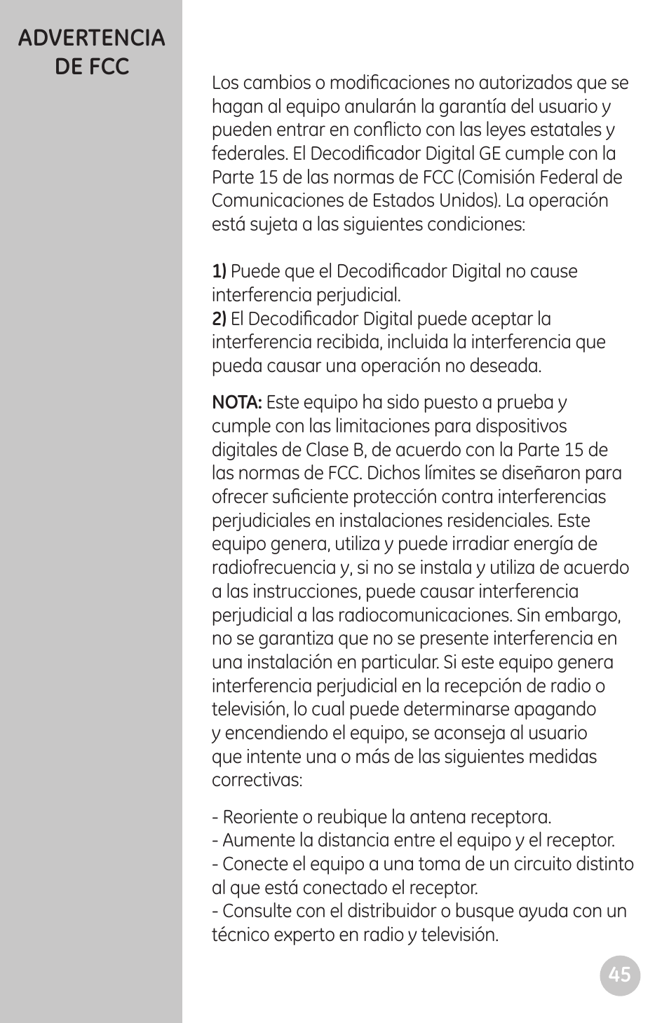 Advertencia de fcc | GE 22730 User Manual | Page 45 / 48