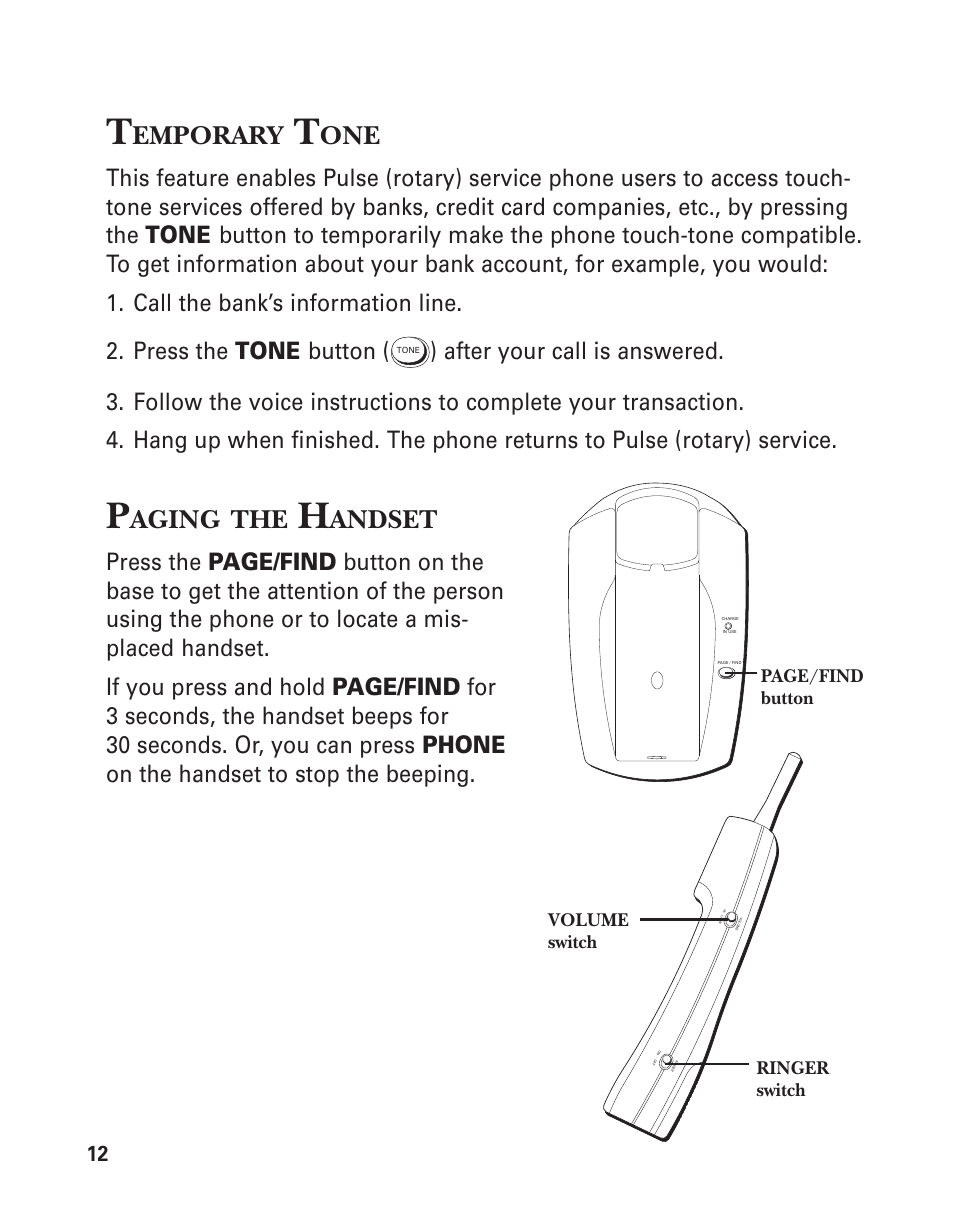 Emporary, Aging, Andset | Volume switch ringer switch, Page/find button | GE 2-9772 User Manual | Page 12 / 32
