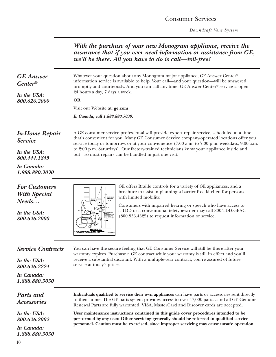 Important phone numbers, Consumer services, In-home repair service | Service contracts, Parts and accessories, For customers with special needs | GE ZVB30 User Manual | Page 10 / 12