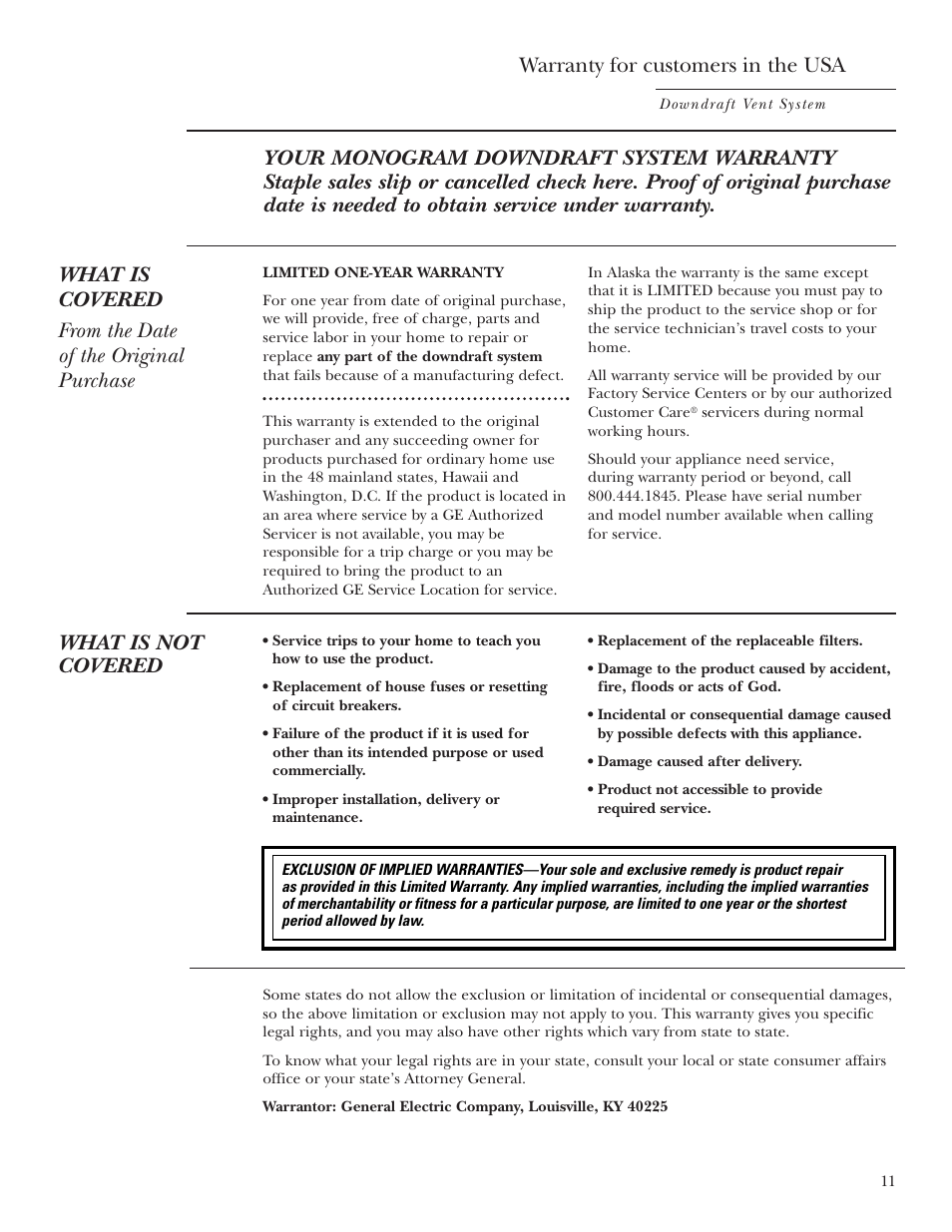 Warranty, Warranty , 12, What is not covered | Warranty for customers in the usa | GE ZVB30 User Manual | Page 11 / 12