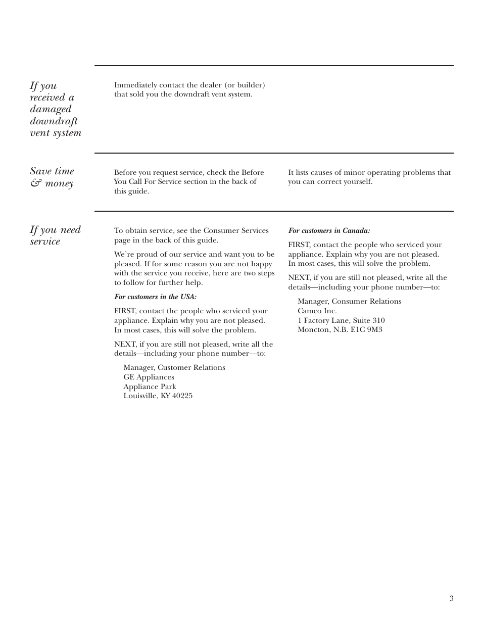 If you received a damaged downdraft vent system, Save time & money, If you need service | GE ZVB30 User Manual | Page 3 / 12