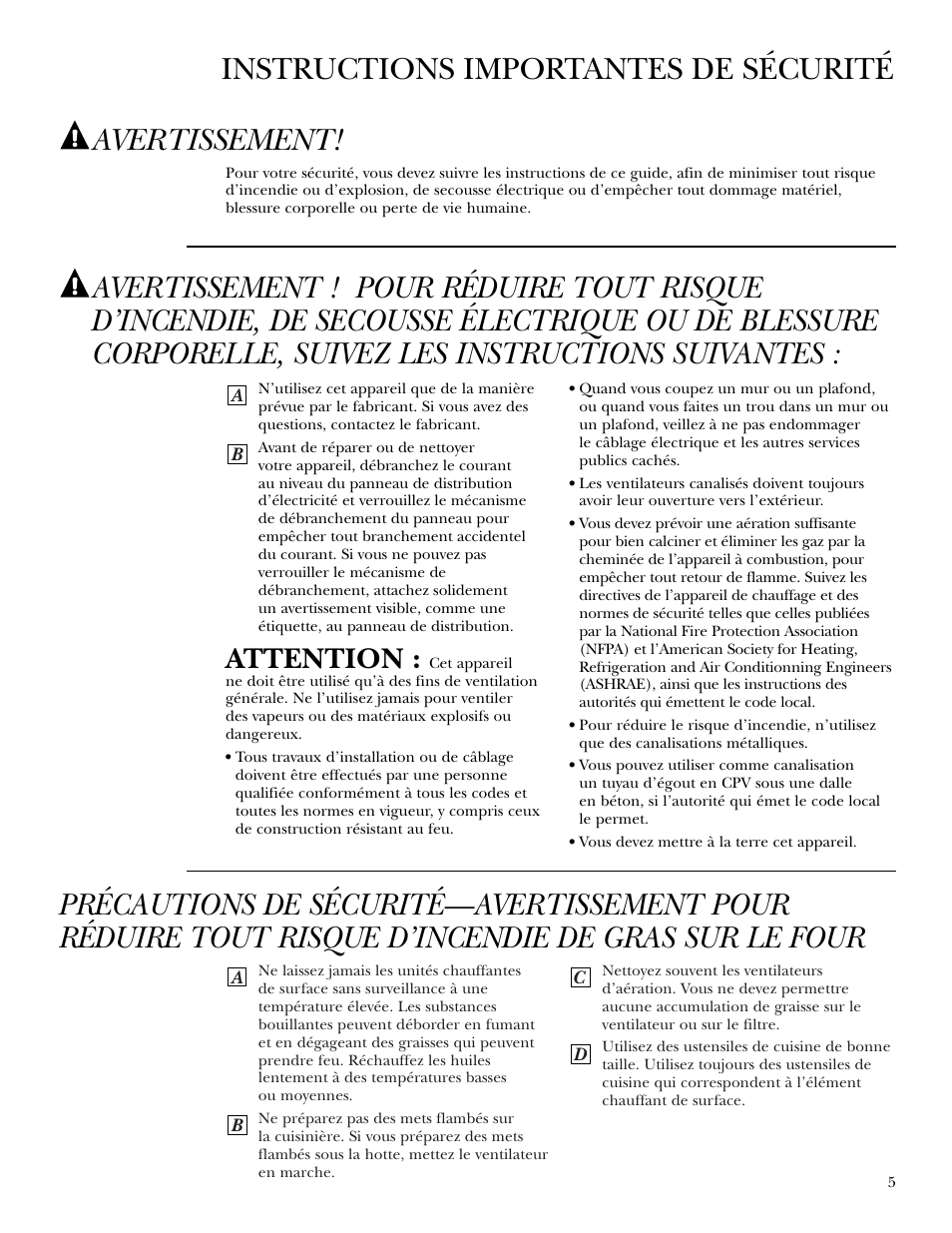 Avertissement, Attention | GE ZVB30 User Manual | Page 5 / 12