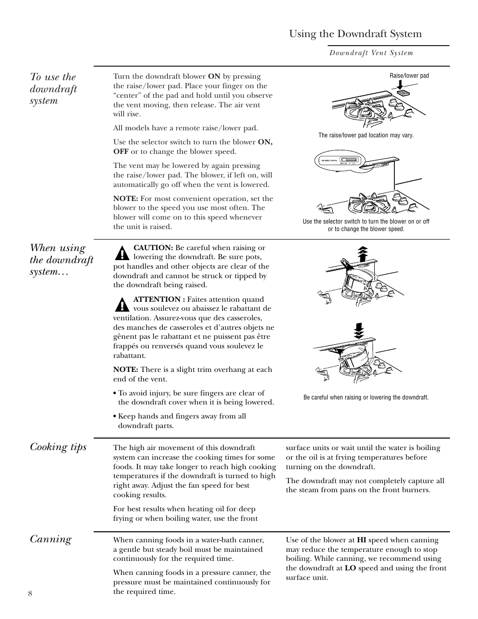 Canning, Cooking tips, Raising or lowering the vent system | Selector switch, Using the downdraft system, When using the downdraft system | GE ZVB30 User Manual | Page 8 / 12