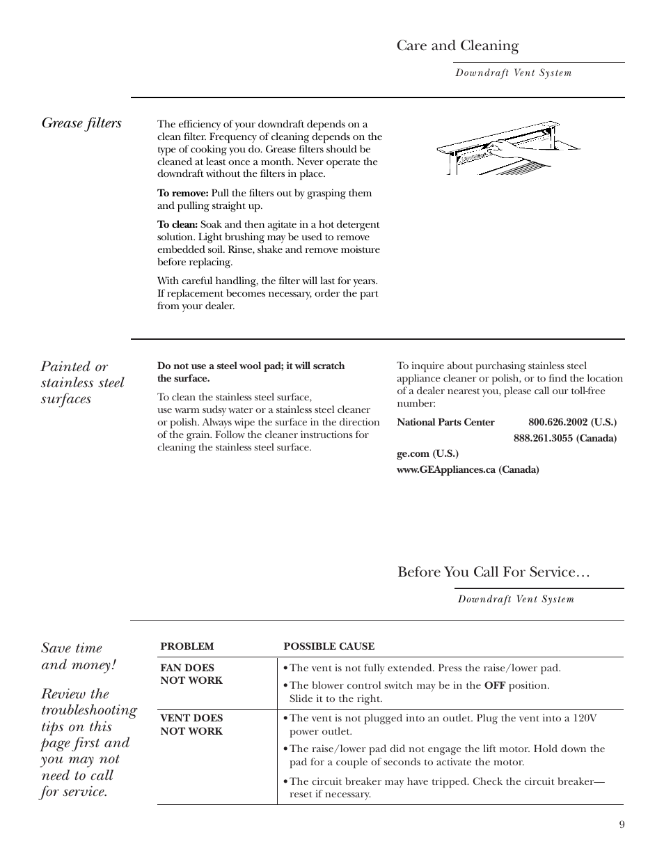 Grease filters, Painted or stainless steel surfaces, Before you call for service | Grease filters painted or stainless steel surfaces, Care and cleaning | GE ZVB30 User Manual | Page 9 / 12