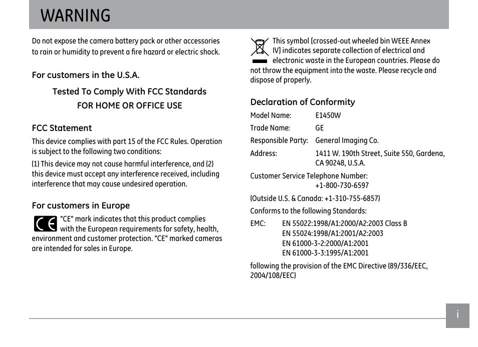 Warning | GE E1450W User Manual | Page 2 / 85