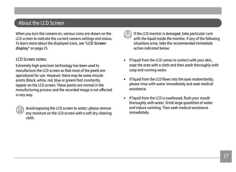 About the lcd screen | GE E1450W User Manual | Page 20 / 85
